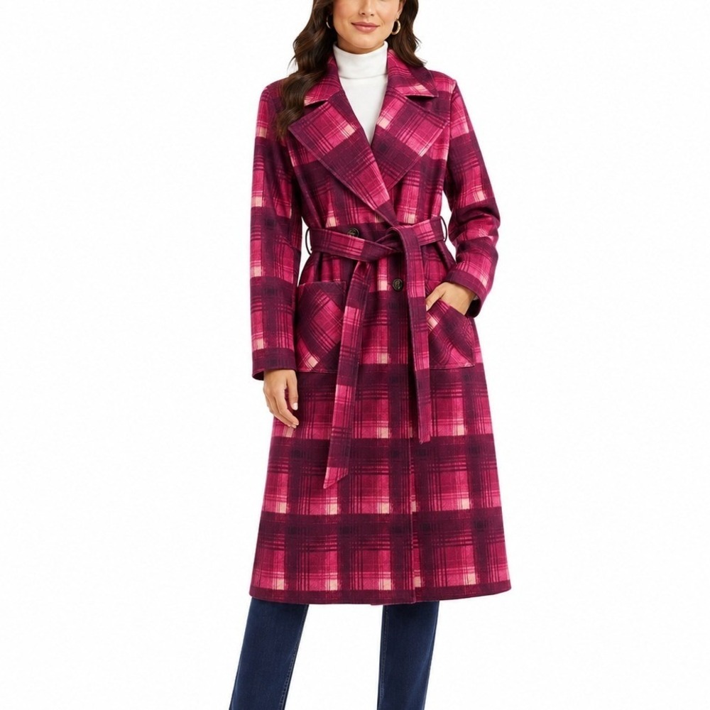 NVLT Plaid Trench Coat XS Fuchsia Belted Double Breasted Longline Barbiecore